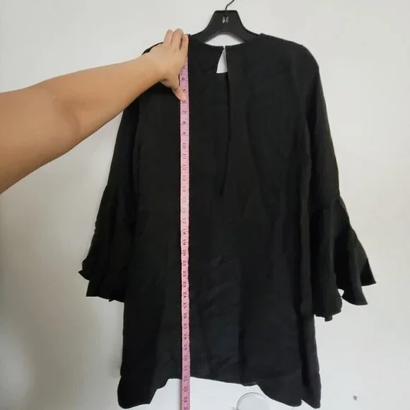 Alexis Black 100% Silk Long 3/4 Sleeve Bell Sleeve Mini Shift Dress Size XS